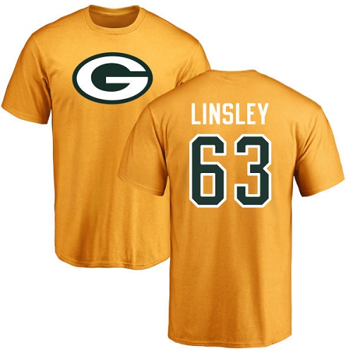 Men Green Bay Packers Gold #63 Linsley Corey Name And Number Logo Nike NFL T Shirt->nfl t-shirts->Sports Accessory